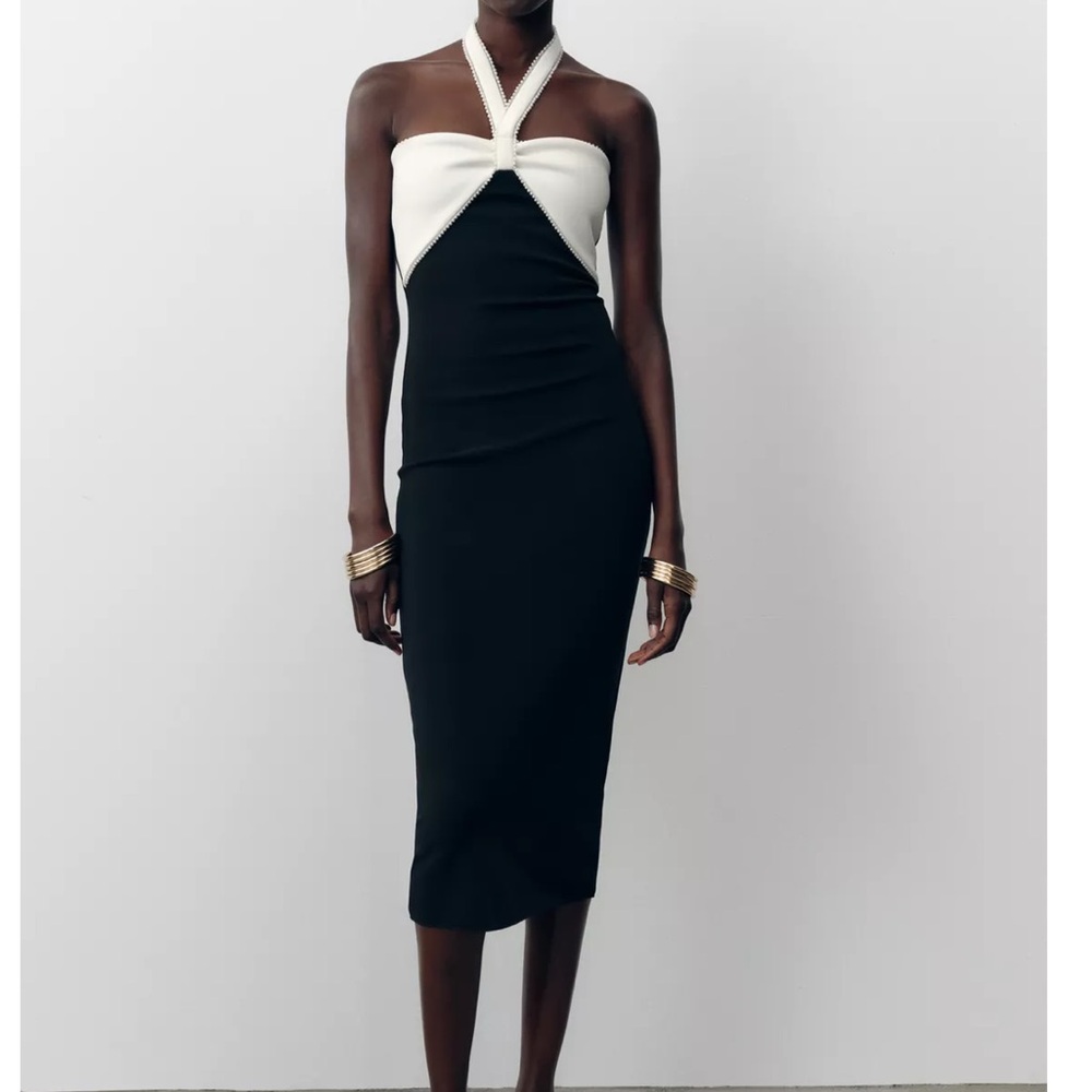 Zara NWT stretch bow midi dress white black 5584/121